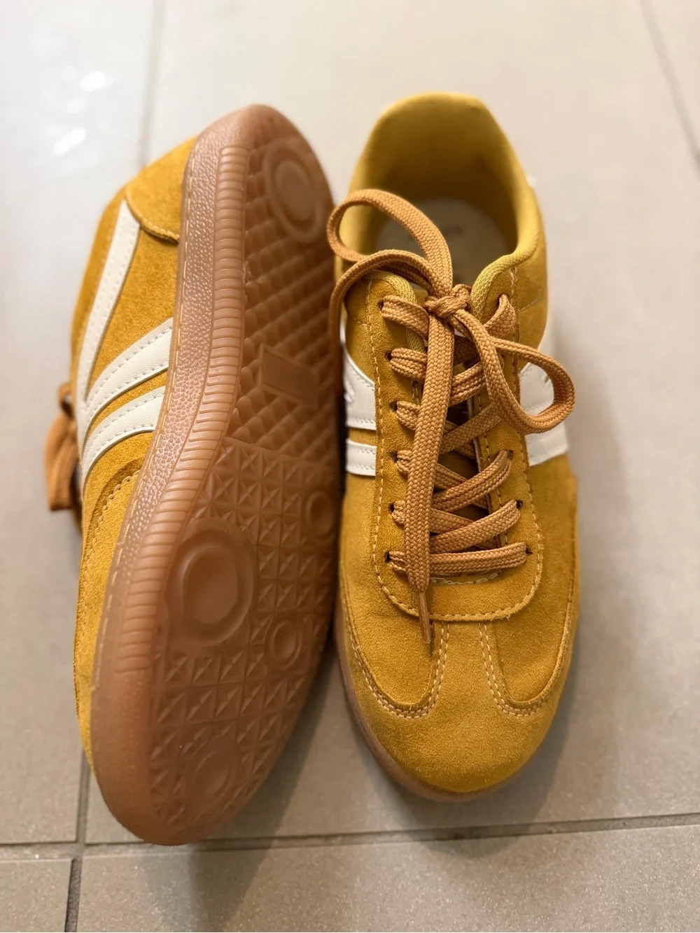 Women's Suede Sneakers in Mustard with White Stripe